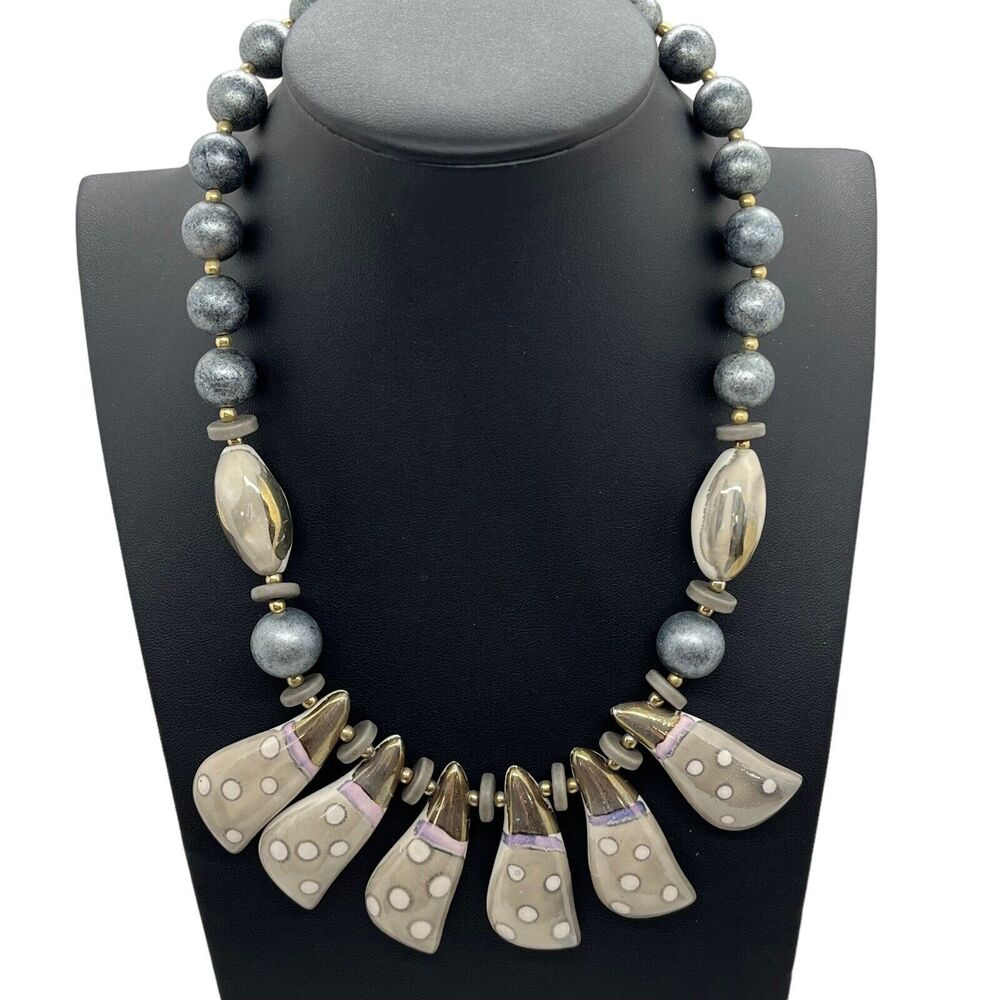 Bib Choker Necklace Made in Japan Vintage Ceramic Statement Funky Chunky Dotted